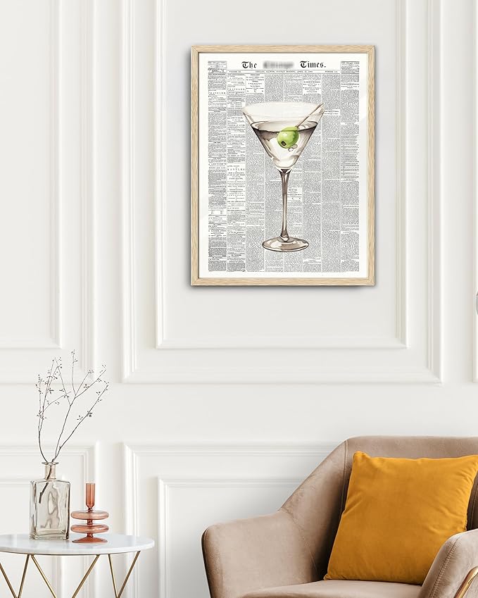 EcoHest Trendy Newspaper Martini Framed Wall Art, 16x20 in Large OAK Wood Retro Bar Cart Canvas Art, Magazine Aesthetic Apartment Art, Beige Logs Funky 70's Set of 1 for Bedroom Living Room