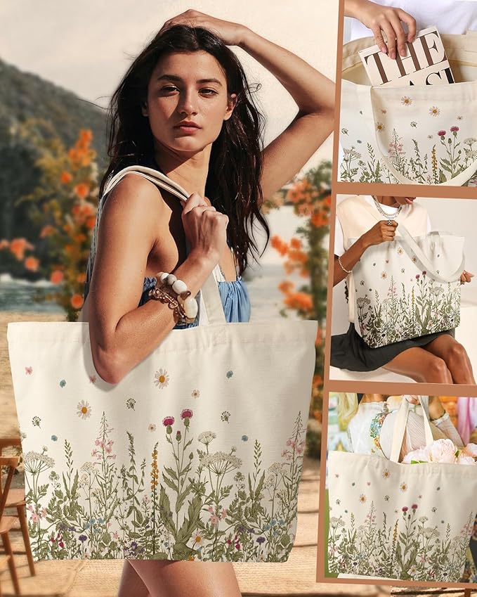 Large Tote Bag for Women - Canvas Tote Bag with Zipper Aesthetic Reusable Shoulder Bag for Gym, Travel, Work