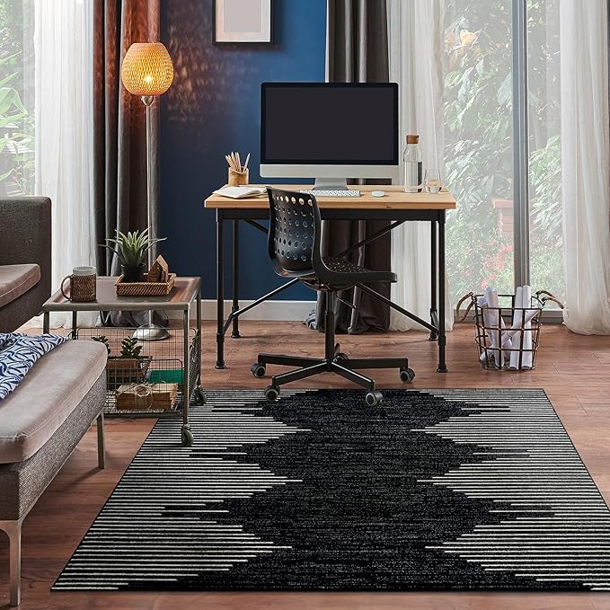 Rugshop Bohemian Stripe Stain Resistant High Traffic Living Room Kitchen Bedroom Dining Home Office Square Area Rug 6'6" x 6'6" Black