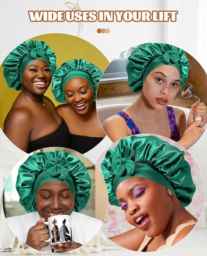 Satin Bonnet Silk Bonnet for Sleeping Silk Sleep Cap Double Layer Hair Bonnet with Elastic Tie Band for Curly Hair Night Cap (Dark Green+Black)