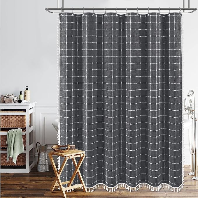 BTTN 60 Inch Boho Farmhouse Linen Weighted Fabric Shower Curtain Set with 10 Plastic Hook, Narrow Bohemian Country Decorative Curtain for Bathroom - 60x72 - Charcoal Grey
