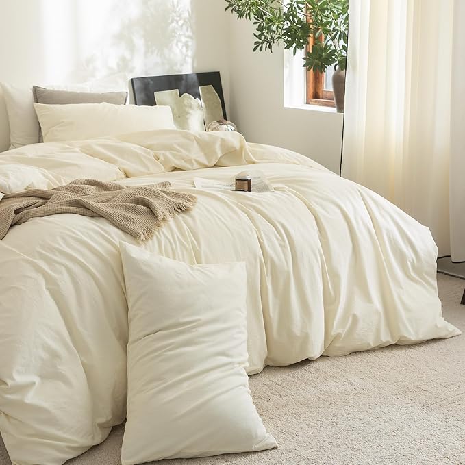 FOSSA Duvet Cover Set 100% Washed Cotton Linen Feel Super Soft Breathable Cozy 3 Pieces Bedding Sets Solid Cream White Queen