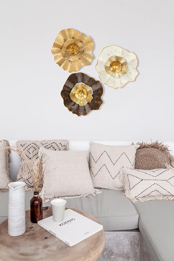 Briful 12" Gold Wall Décor Pack of 3 Metal Flower Plate Wall Art Modern Accent Hanging Wall Decorations For Home Office Bedroom Or Living Room Wall Sculptures