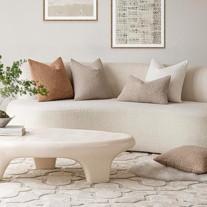 Foindtower Set of 2, Decorative Textured Boucle Throw Pillow Covers Accent Solid Pillow Cases Neutral Soft Cozy Couch Cushion Case for Chair Sofa Bedroom Living Room Home Decor 24 x 24 Inch,Oatmeal