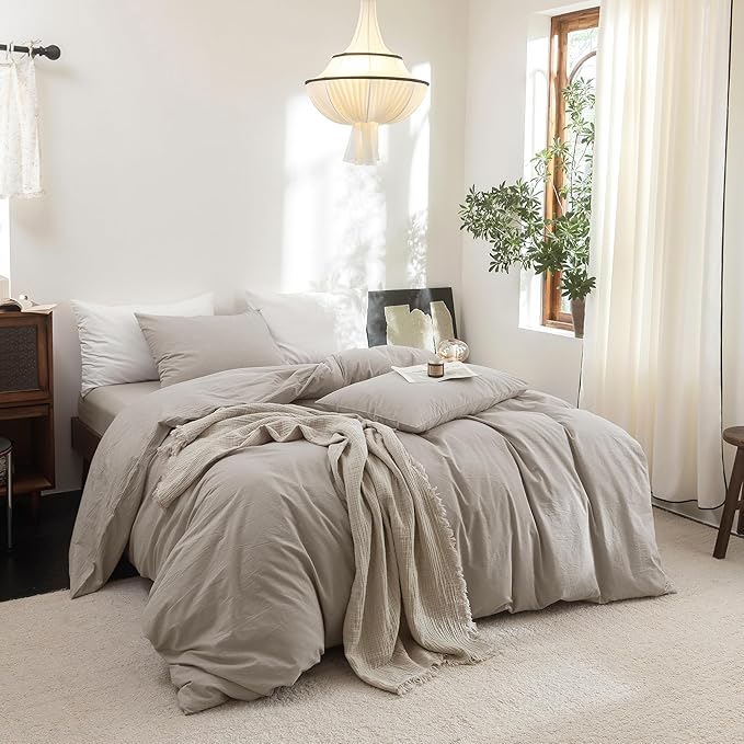 FOSSA Duvet Cover Set 100% Washed Cotton Linen Feel Super Soft Breathable Cozy 3 Pieces Bedding Sets Solid Cream Grey King