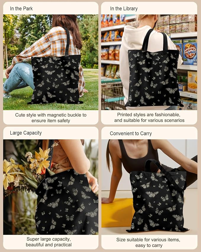 Canvas Tote Bag for Women – Aesthetic Canvas Bag with Zipper Cute Stylish Reusable Shoulder Totes for Shopping Work Daily Vacation, Black Butterfly
