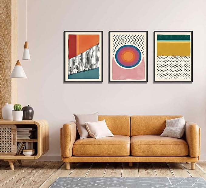 3pcs Boho Wall Art Mid Century Modern Wall Decor Posters Abstract Color Block Geometric Canvas Paintings Prints Colorful Simple Line Pictures for Living Room Bedroom Home Decoration(12x16) (Unframed,