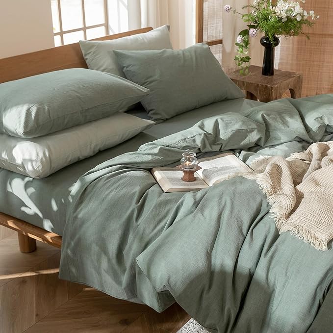 MooMee Bedding Duvet Cover Set 100% Washed Cotton Linen Like Textured Breathable Durable Soft Comfy (Heathered Green, Super Queen 90"x98")
