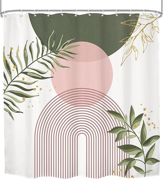 Green Pink Boho Shower Curtain 72Wx72H Modern Bohemian Abstract Sage Green Gold Leaves Plant Botanical Minimalist Bathroom Decor Geometric Neutral Bath Curtain Fabric Polyester 12 Pack Hook