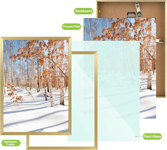 Golden State Art, A4 Aluminum Picture Frame, Gold Metal Thin Poster Frames for 8.3x11.7 inch Photo, Acrylic Front, Wall Hook for Horizontal or Vertical Display, 3 Pack