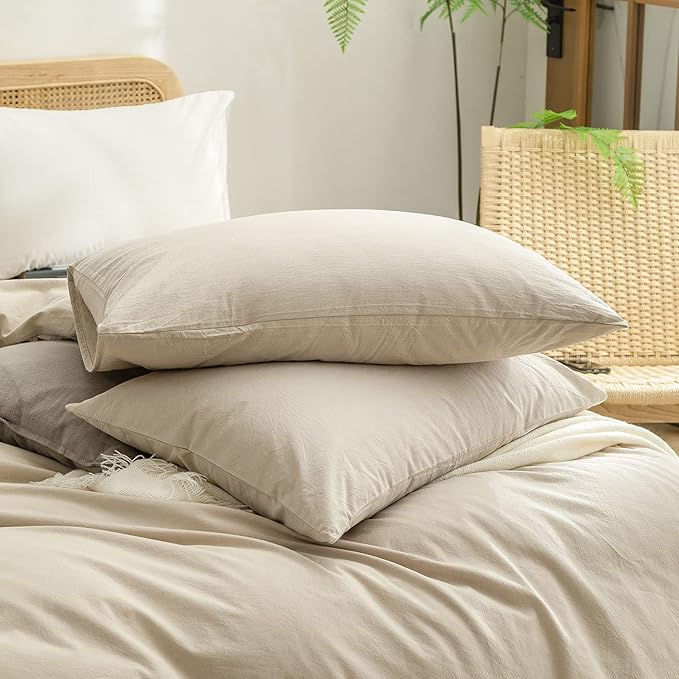 BESTOUCH Duvet Cover Set 100% Washed Cotton Linen Feel Super Soft Comfortable Chic Lightweight 3 PCs Home Bedding Set Solid Almond Milk Grey Oversized King