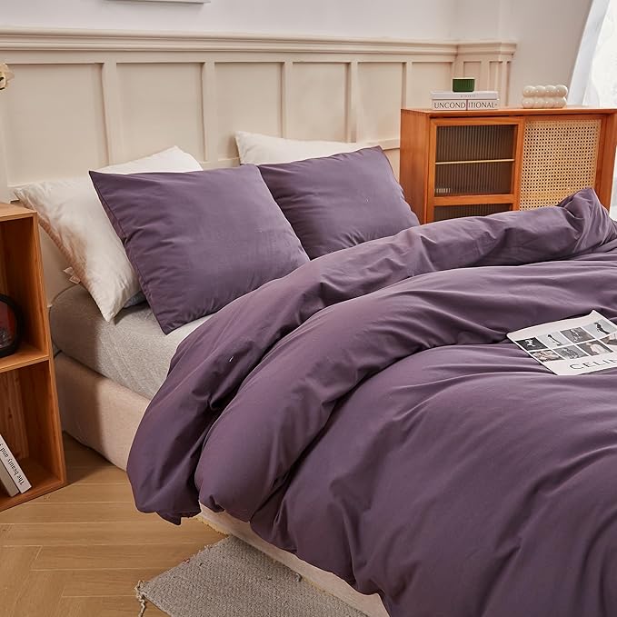 ECOCOTT Purple Duvet Cover Twin Size - 100% Washed Cotton Durable Soft Comfy Duvet Cover Set, 3 Pieces Duvet Cover with Zipper Closure (Purple, 68''x90'')
