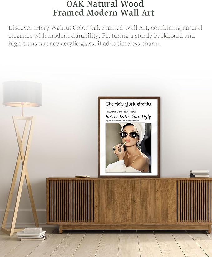 iHery Natural OAK Wood Hepburn Newspaper Trendy Walnut Color Framed Wall Art, 12x16 in Better Late Than Ugly Vintage Headline Canvas Art, Retro Bathroom Decor Art, Set of 1 Girly Dorm Room Bedroom