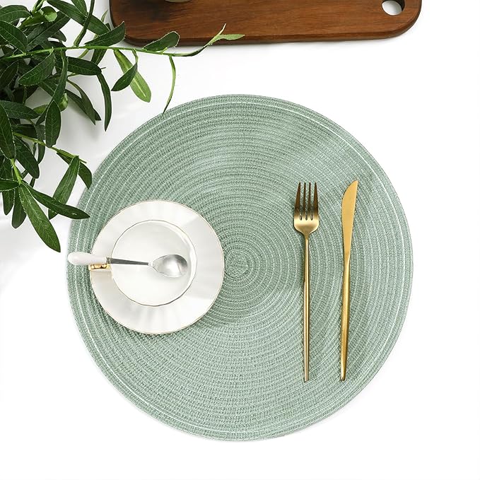 SHACOS Round Placemats Set of 6 Washable 15 inch Round Table Mats Cotton Polyester Woven Braided Place Mats for Dining Table, Sage Green
