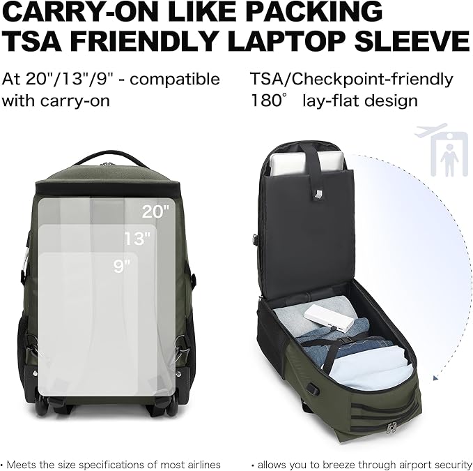 Boavan Rolling Backpack,17 inch Water Resistant Wheeled Backpack,Carry on Luggage Business Bag, Overnight College Computer bag Trolley Suitcase for Men Women Adults to Travel,Green