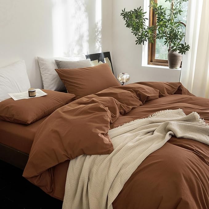 FOSSA Duvet Cover Set 100% Washed Cotton Linen Feel Super Soft Breathable Cozy 3 Pieces Bedding Sets Solid Dark Orange Super King