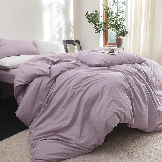 FOSSA Duvet Cover Set 100% Washed Cotton Linen Feel Super Soft Breathable Cozy 3 Pieces Bedding Sets Solid Light Purple King