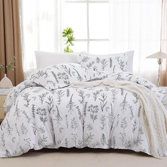 MUXHOMO Duvet Cover Full Size, Reversible Floral White Duvet Cover Set with Zipper Closure, 3 Pieces Botanical Patterns Soft Microfiber Bedding Set with 4 Ties