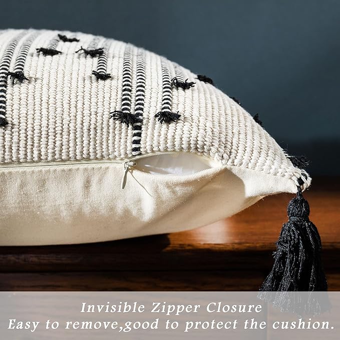 LIGICKY Boho Lumbar Pillow Covers Decorative Woven Tassel Throw Pillows Rectangle Pillow Sham Black and Off White Pillowcase for Couch Sofa Bed Car 12x20 Inch