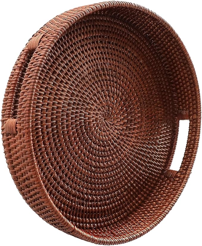 JUNGLE CULTURE Large Rattan Serving Tray 14" in Brown • Round Table Basket • Wicker Ottoman Trays with Handles for Coffee Table, Bed Side or Couch • Flat Circle Woven Tray • Boho Farmhouse Decor