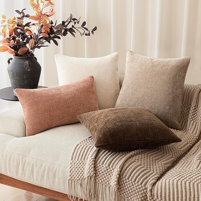 Foindtower Pack of 2 Soft Textured Chenille Throw Decorative Pillow Covers Square Accent Solid Cushion Cover Neutral Lumbar Pillow Case for Couch Sofa Bedroom Living Room 12x20 Inch,Dusty Pink