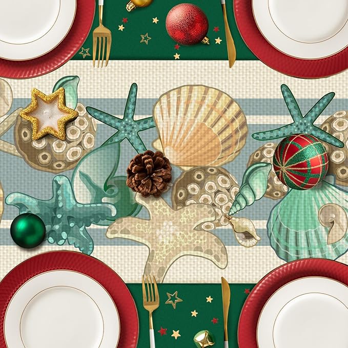 Sea Shell Table Runner Seasonal Spring Fall Kitchen Dining Linen Table Decoration for Indoor Outdoor Home Party Dinner 13x72 Inch
