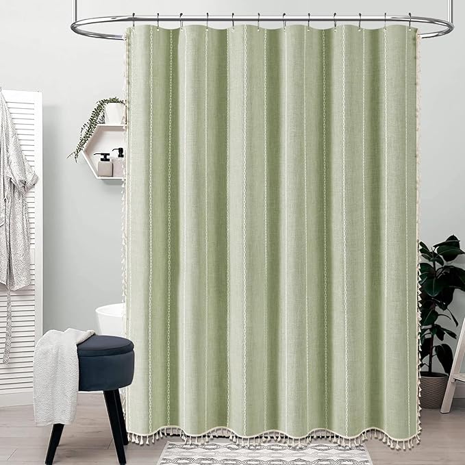 BTTN Stall Shower Curtain - 60x72 Inches Boho Farmhouse Linen Striped Weighted Fabric Tassel Shower Curtain Set with 10 Hooks, Narrow French Country Textured Shower Curtains for Bathroom - Sage Green
