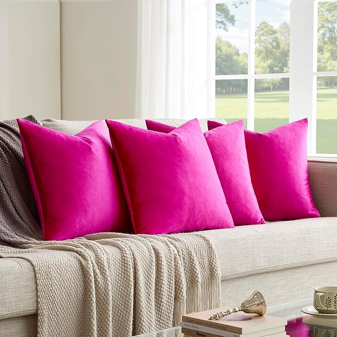 GIGIZAZA Set of 4 Hot Pink Throw Pillow Covers 20x20 Soft Velvet Pillow Covers Modren Decorative Pillows Covers Couch Sofa Living Room Pillowcase