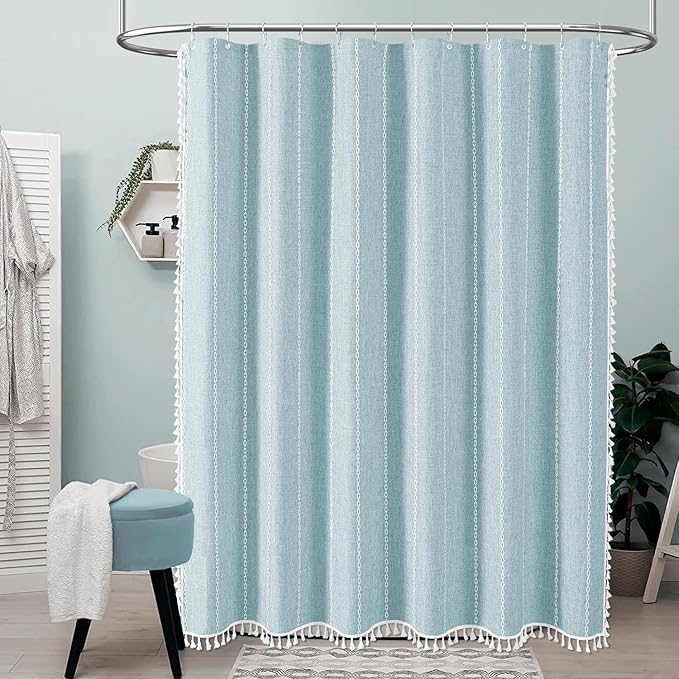 BTTN 78 Inch Long Shower Curtain - Boho Farmhouse Linen Thick Striped Fabric Shower Curtain Set with Plastic Hook, Tall Rustic Country Luxury Cloth Shower Curtains for Bathroom - Fog Blue - 72x78