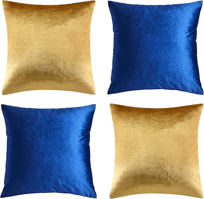 GIGIZAZA Velvet Gold Blue Pillow Covers 18x18,Pack of 4 Decorative Throw Pillow Soft Covers Square Couch Pillow Modern Covers Living Room Luxury Cushion Covers