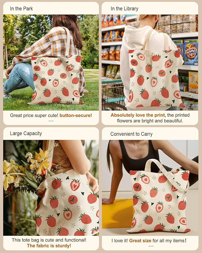 Aesthetic Tote Bag for Girls - with Magnetic Buckle and Zipper Inner Pocket for Women Lady Canvas Cotton Tote Bag