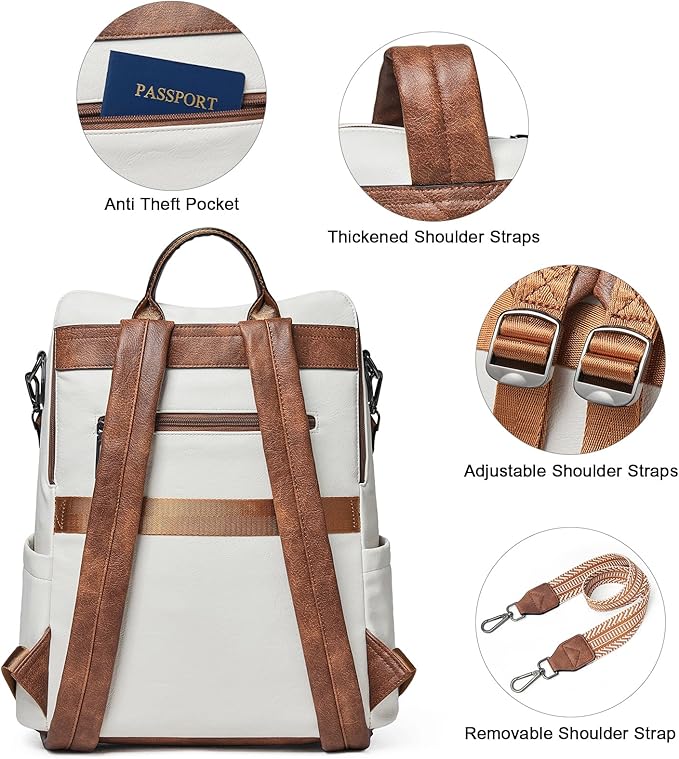 Shrrie 15.6 inch Laptop Backpack for Women,Large Leather Backpack Purse,Travel,Carry on,Water Resistant Casual Laptop Backpacks,College Backpack,Work Backpack for Women,Beige with Brown