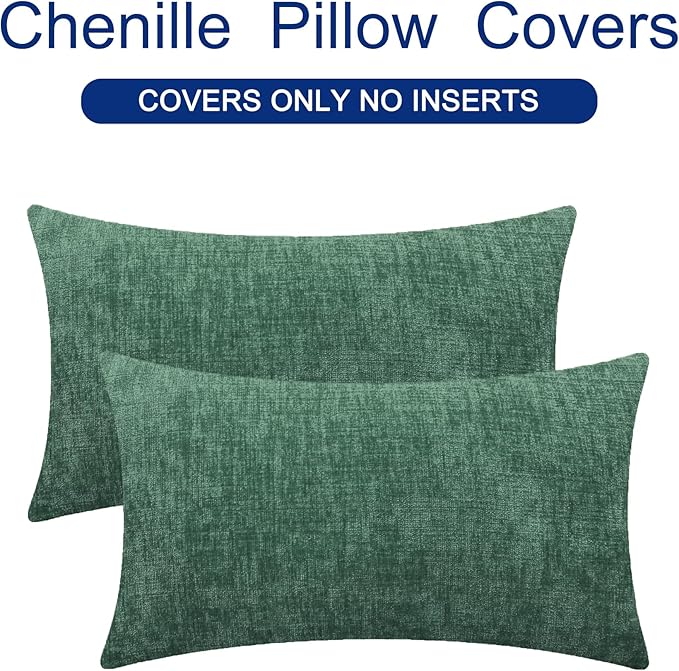 CaliTime Throw Pillow Covers Decorative 12 X 20 Inches Pack of 2 Cozy Chenille Cushion Cases for Couch Sofa Bed Living Room Home Dark Green