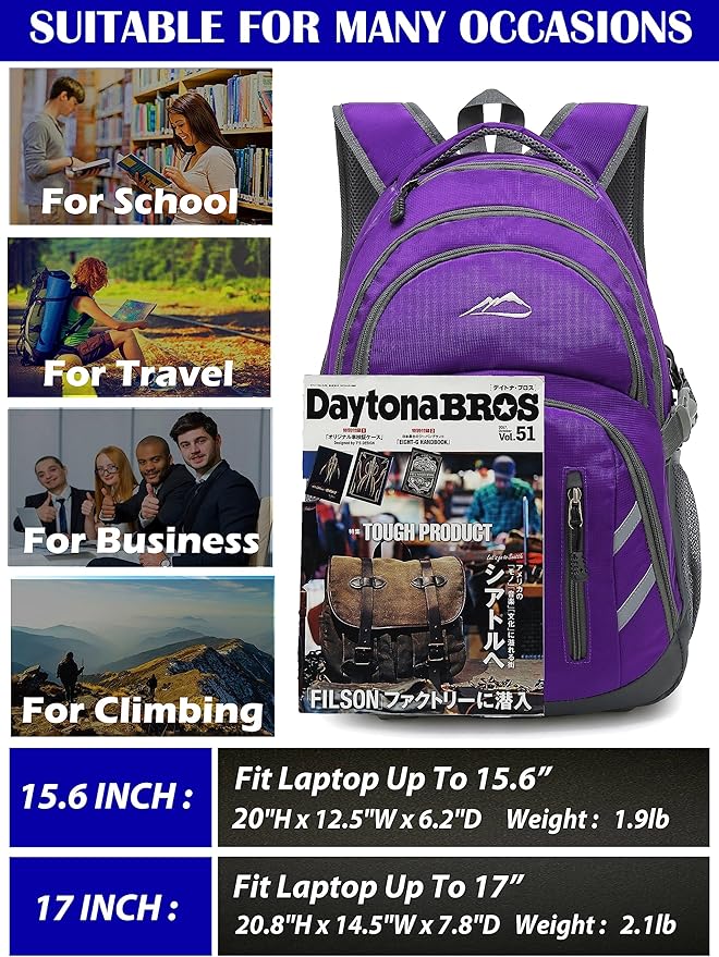 Backpack Bookbag for College Laptop Travel, Fit Laptop Up to 15.6 inch with USB Charging Port Multi Compartment Anti theft, Gift for Women Men (Purple)