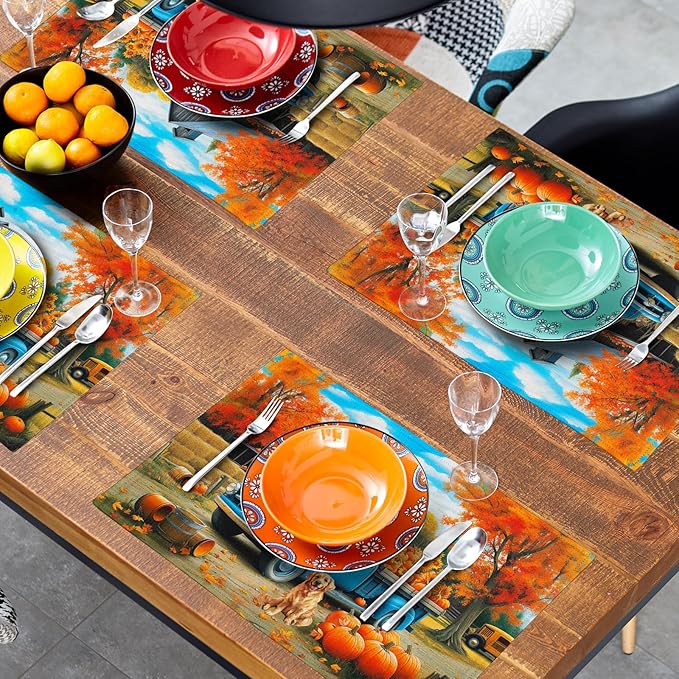 Giwawa Fall Truck Placemats Set of 4 Autumn Maple Tree Pumpkins Sunflowers Dog Decorative Linen Table Place Mat 12x18 Inch Non Slip Heat Resistance for Kitchen Dining Party Thanksgiving