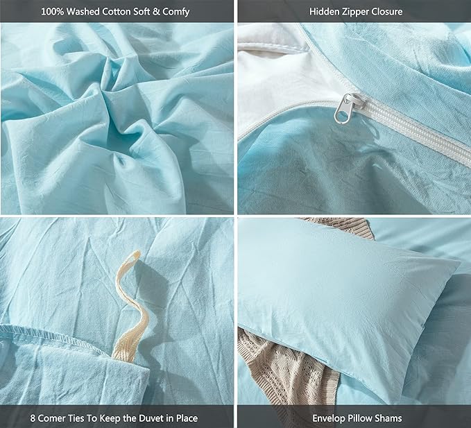 MooMee Bedding Duvet Cover Set 100% Washed Cotton Linen Like Textured Breathable Durable Soft Comfy (Heathered Light Blue, Full 80"x90")
