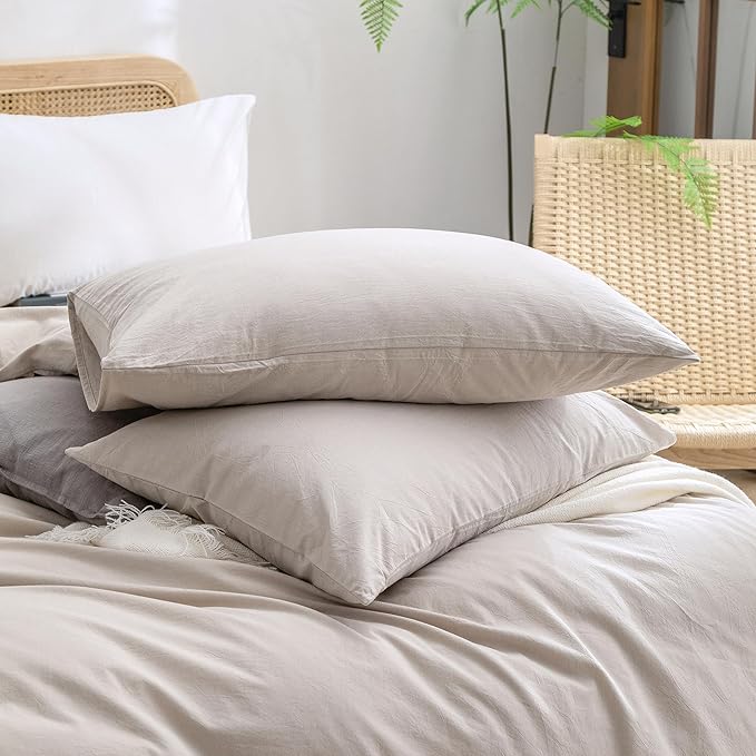 BESTOUCH Duvet Cover Set 100% Washed Cotton Linen Feel Super Soft Comfortable Chic Lightweight 3 PCs Home Bedding Set Solid Linen Grey Oversized Queen