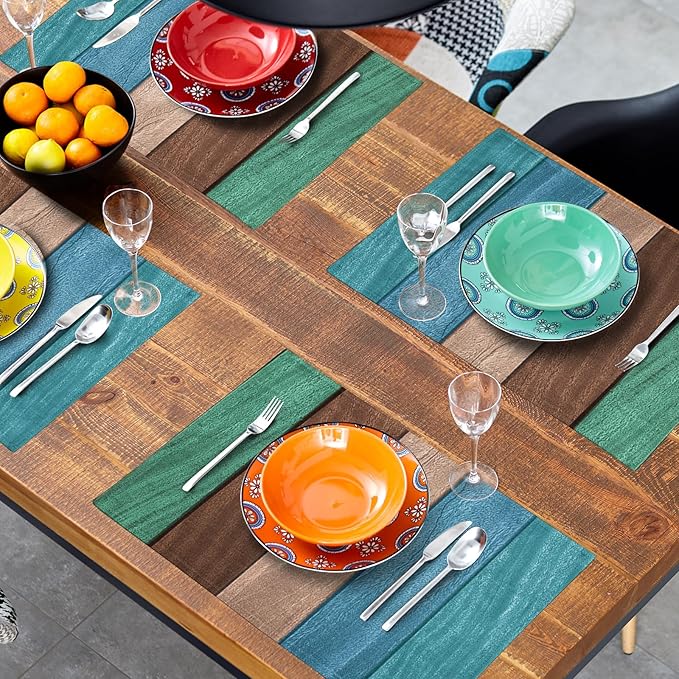 Giwawa Rustic Wood Placemats Set of 4- Vintage Teal Brown Wooden Board Linen Place Mat 12x18 Inch- Farmhouse Country Style Washable Non-Slip Table Mats for Kitchen Dining Cabin Decor