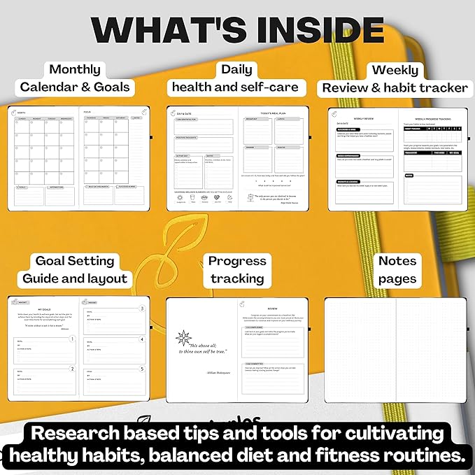 Life & Apples Wellness Journal Planner – Food Log, Fitness Tracker, Habit Tracker, Weight Loss Journal for Diet Tracking and Health Goals, Undated, Size A5 Yellow