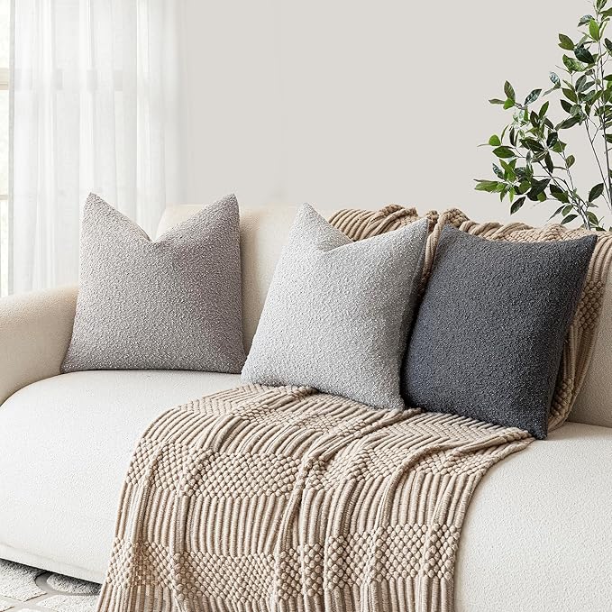 Foindtower Set of 2, Decorative Textured Boucle Throw Pillow Covers Accent Solid Pillow Cases Soft Cozy Couch Cushion Case for Chair Sofa Bedroom Living Room Home Decor 26 x 26 Inch Neutral Grey