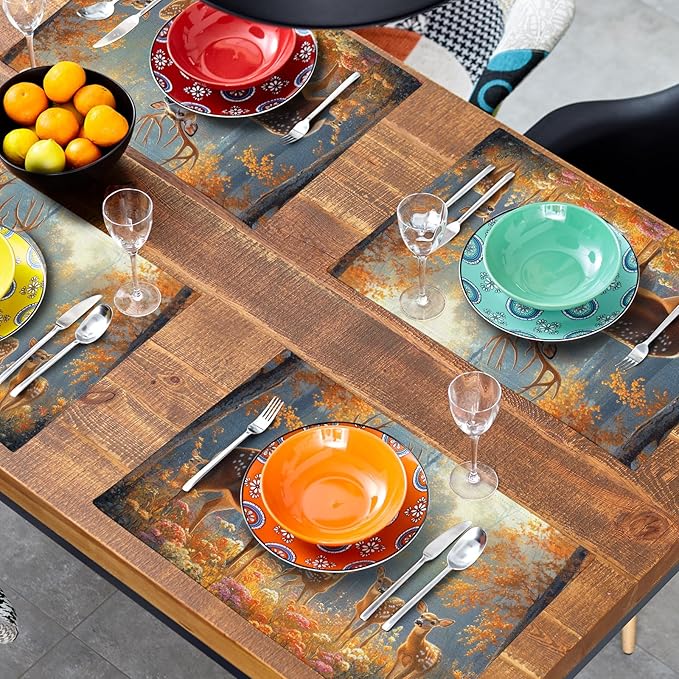 Giwawa Fall Deer Placemats Set of 4, 12"x18" Autumn Forest Trees Moose Linen Place Mat, Woodland Wildlife Washable Non-Slip Table Mats for Kitchen Dining Party Picnic Indoor Outdoor Decor