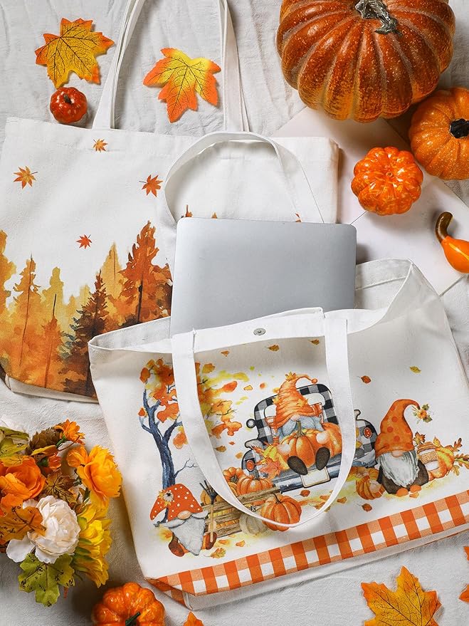 Bencailor 2 Pcs Fall Canvas Tote Bag Thanksgiving Pumpkin Maple Leaf Tote Pouch Cute Aesthetic Reusable Grocery Bag for Women