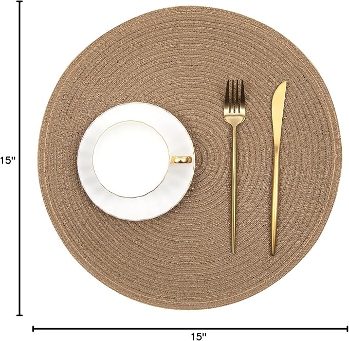 SHACOS Round Braided Placemats Set of 8 Washable 15 inch Round Table Mats Woven Place Mats for Dining Table (Brown, 8)