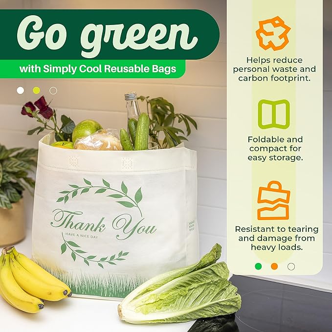 Simply Cool 50 Pack Reusable Thank You-Have a Nice Day Eco-Friendly Large Grocery Shopping Bags 14.5"x14"x6.6" Durable, Recyclable, Washable, Foldable Tote Bags Bulk