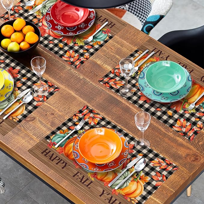 Giwawa Happy Fall Y'all Placemats Set of 4 Colorful Autumn Thanksgiving Pumpkins Leaves Decorative Linen Table Mat 12x18in Black Buffalo Plaids Non Slip Place Mat for Kitchen Dining Party Holiday