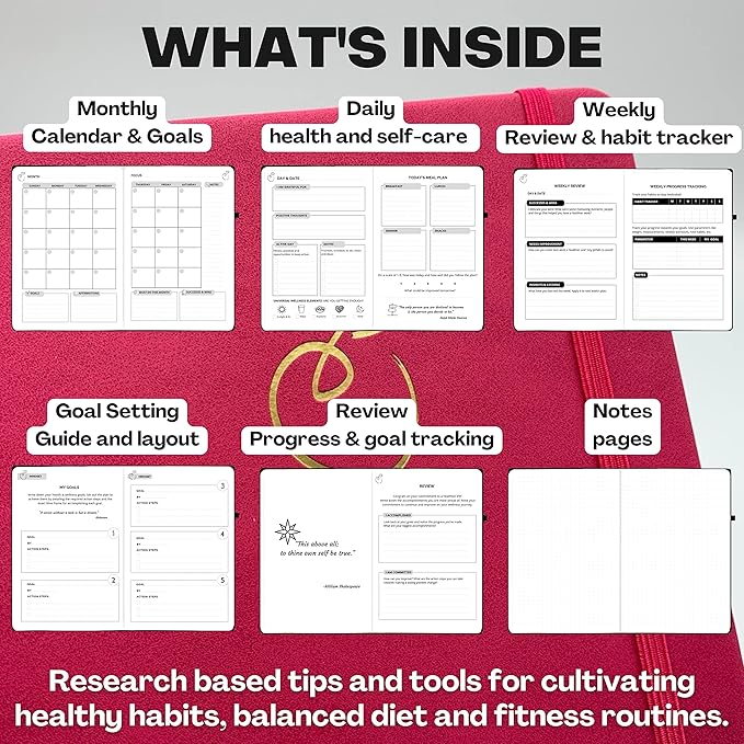 Life & Apples Wellness Journal Planner – Food Log, Fitness Tracker, Habit Tracker, Weight Loss Journal for Diet Tracking and Health Goals, Undated, Size A5 Berry