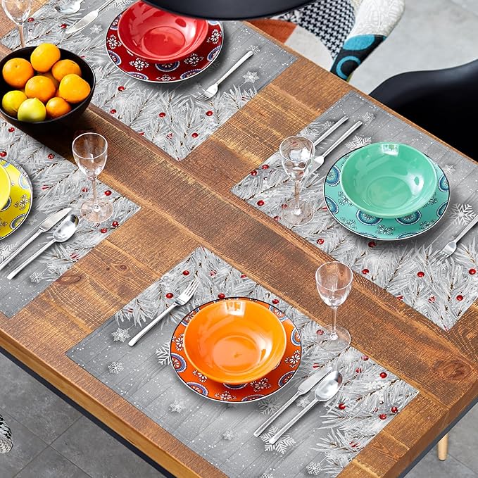 Giwawa Winter Snowflakes Placemats Set of 4 Christmas Silver Snows Xmas Tree Red Berries Linen Table Place Mats Seasonal Non-Slip Heat Resistance 12"x18" for Dining Kitchen Holiday New Year Decor