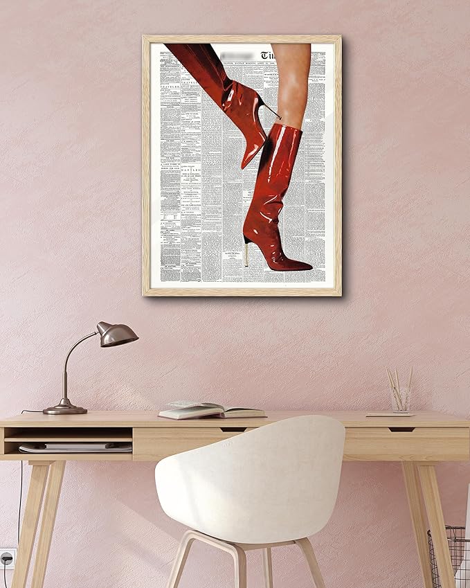 EcoHest Trendy Newspaper Red Boots Framed Wall Art, 16x20 in Large OAK Wood Fashion Icon Canvas Wall Art, Magazine Home Decor, Beige Logs Retro Set of 1 for Bedroom Living Room