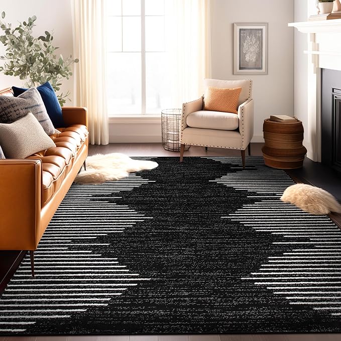 Rugshop Bohemian Stripe Stain Resistant High Traffic Living Room Kitchen Bedroom Dining Home Office Area Rug 8' x 12' Black