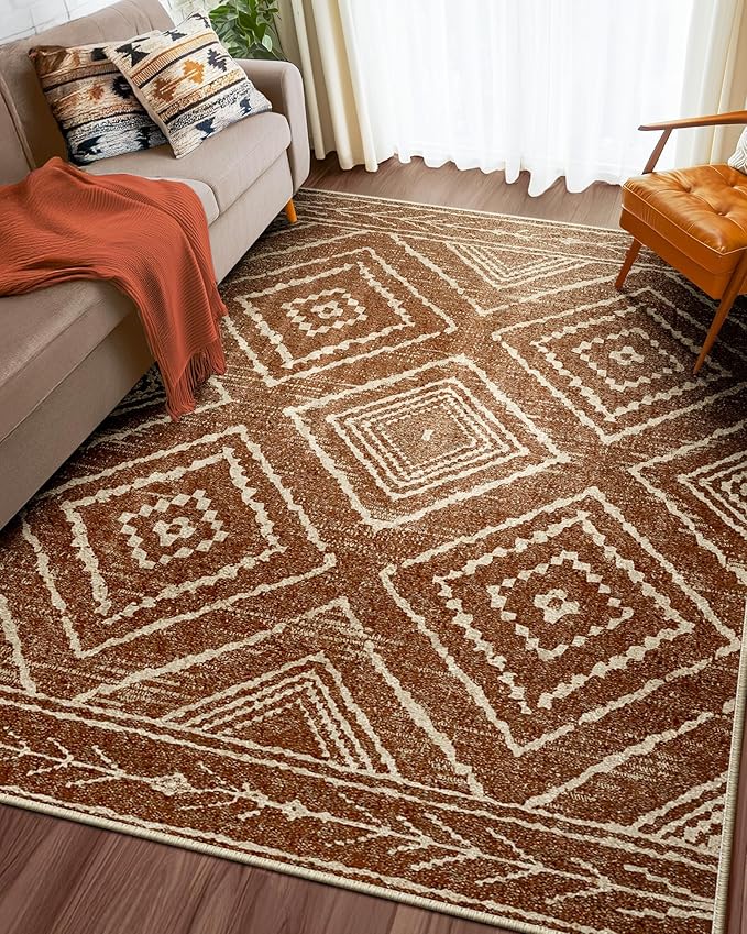 Area Rug 3x5 Rug Machine Washable Non-Slip Low Pile Print Pattern Western Rug for Living Room Bedroom Entryway Tribal Series -Yellowbrown/Cream